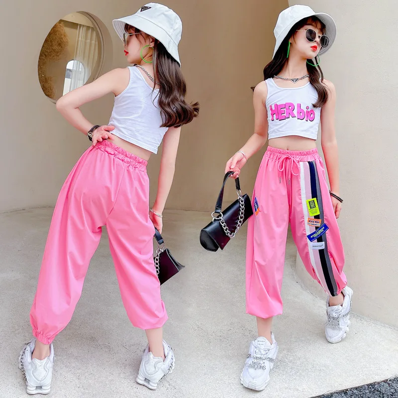 

Girls' suit 2021 summer girl new style western letter vest sports pants two-piece suit