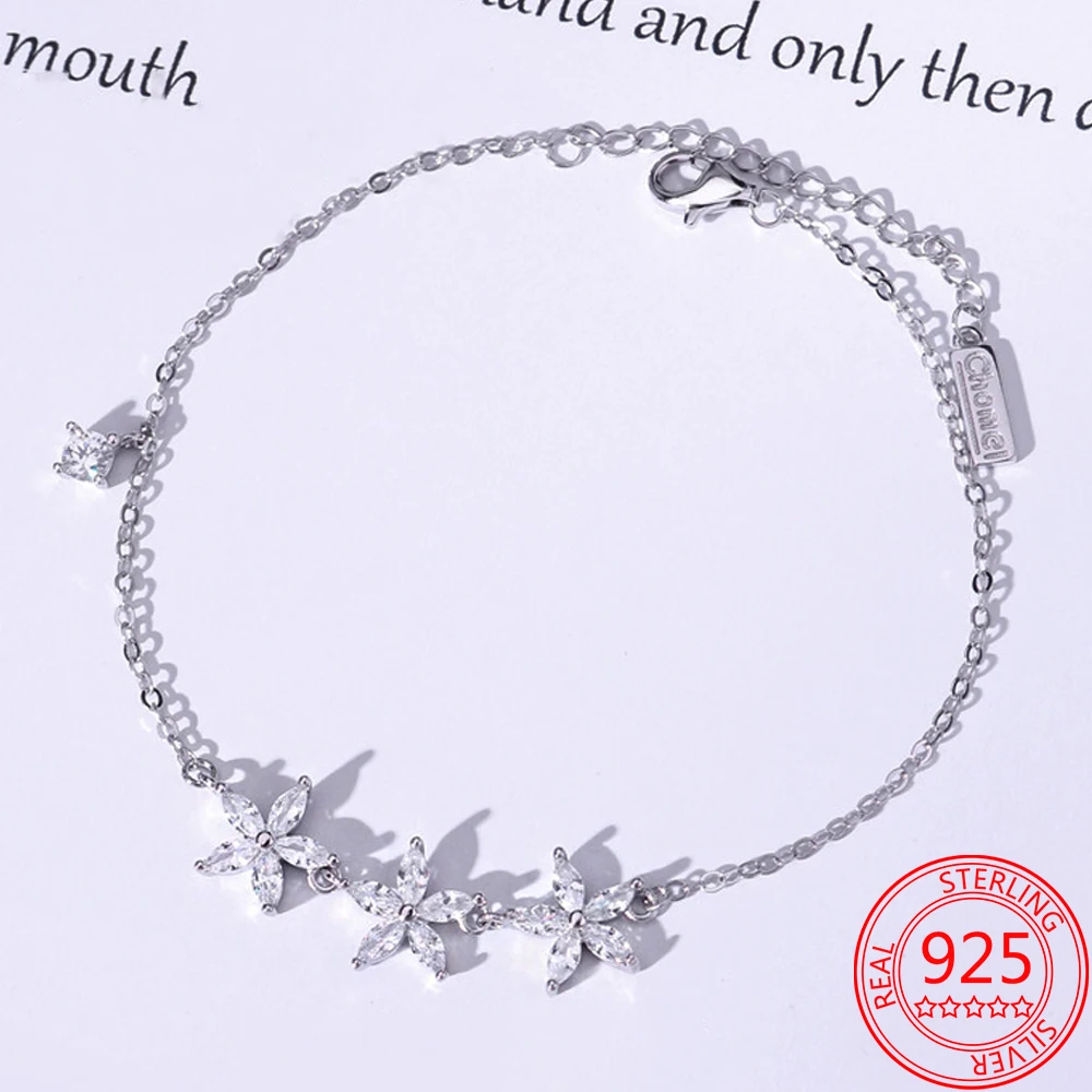 

Handmade 925 Sterling Silver Chomel Three Petal Bracelet Jewelry Simple Inlaid Holiday Gift