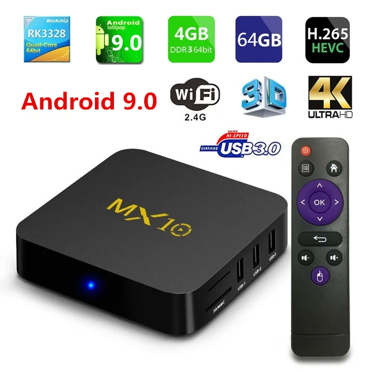 MX10 Android 9,0 ТВ коробка RK3328 4 Гб ОЗУ 32 ГБ/64 GB 4K H.265 HDR10 2,4 ГГц WI-FI USB 3,0 Smart IPTV Set-top Box