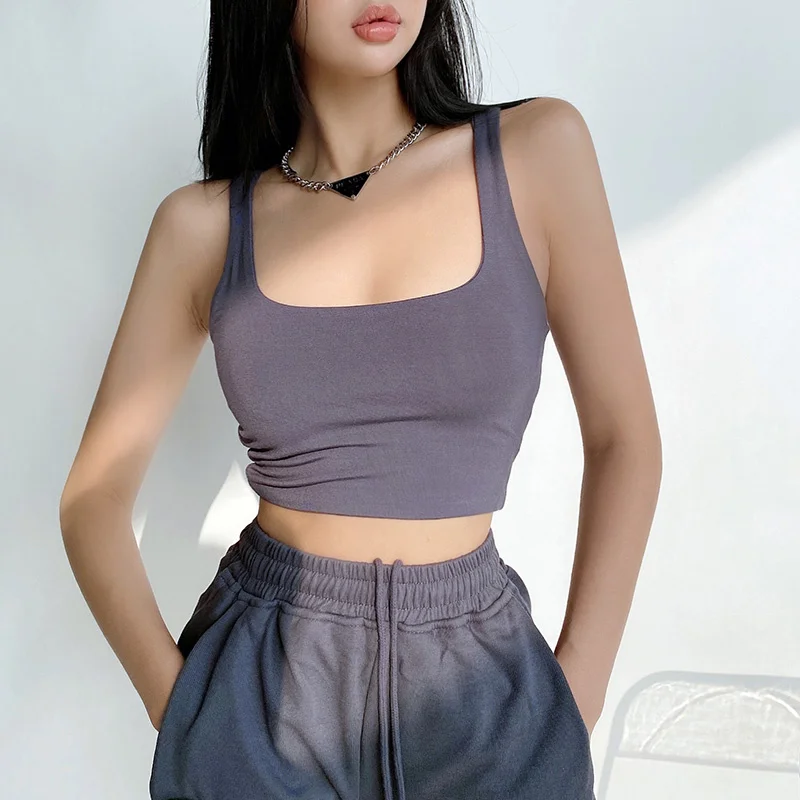 

WOMENGAGA Basic Solid Color Square Neck Sports Vest Women's Short Tank Top Camisole Hot Sexy Kroean Women Tops U2FR