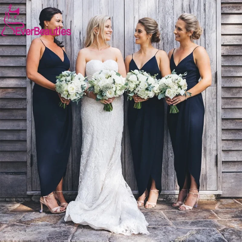 Vestido Madrinha Navy Blue Bridesmaid Dresses 2020 Spaghetti Strap V-neck Sheath High LowWedding Guest Dress | Свадьбы и торжества