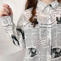 mazefeng 2021 spring women casual shirts loose style female vintage shirts turn down collar women shirts ladies print newspaper