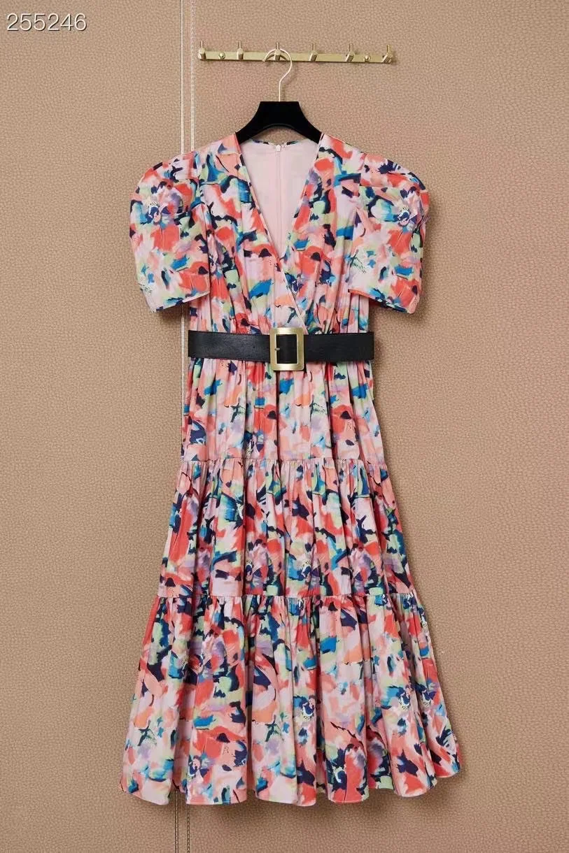 

Fyion Long Dress 2022 Summer Spring New Fashion Design Women Runway Flowers Print V-Neck Belt Short Sleeves Dress