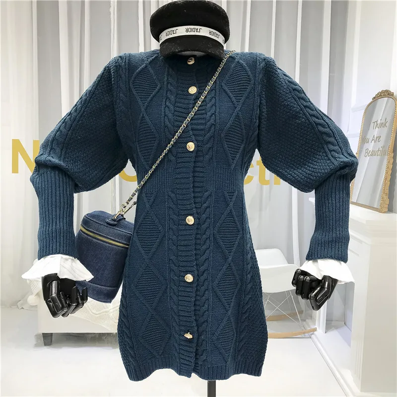 Женское вязаное платье свитер ALPHALMODA Элегантное однобортное во французском стиле