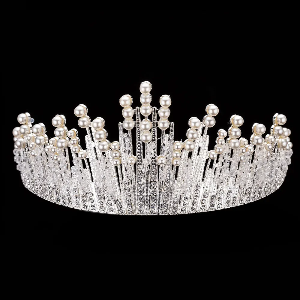 1PCS Crown 2 KMVEXO 3 шт. великолепные жемчужные свадебные комплекты ювелирных изделий для невесты женский костюм невесты Кристальные Тиары Корона ожерелье серьги наборы - Окраска металла: 1PCS Crown 2
