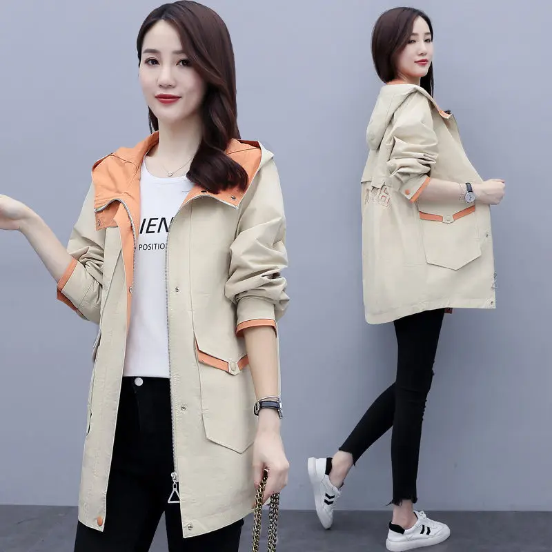 

Windbreaker Women's Mid-length Coat 2020 Spring and Autumn New Korean Loose Casual All-match Color Contrast Hooded Jacket k1092