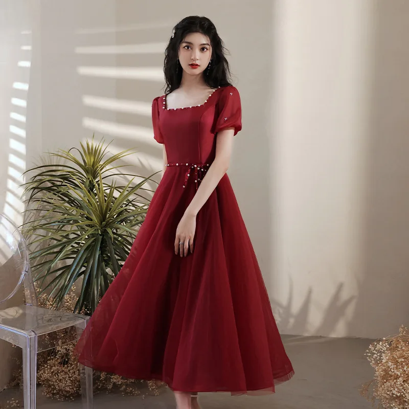 

Women Wedding Banquet Evening Dress Sweet Pearl Mid-Length Mesh Dresses Sexy Square Collar Pleated Skirt Toast Bride Prom Gown