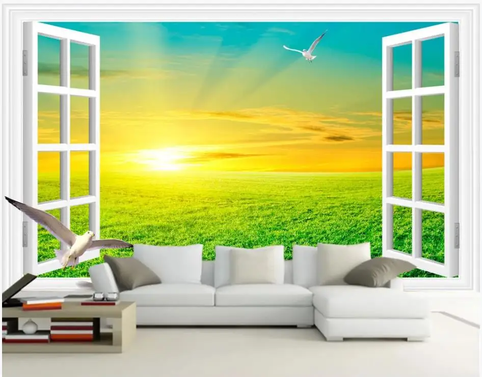 Фотообои на заказ 3d фрески обои для стен окна пейзажа поля пастбища восхода вид 3D