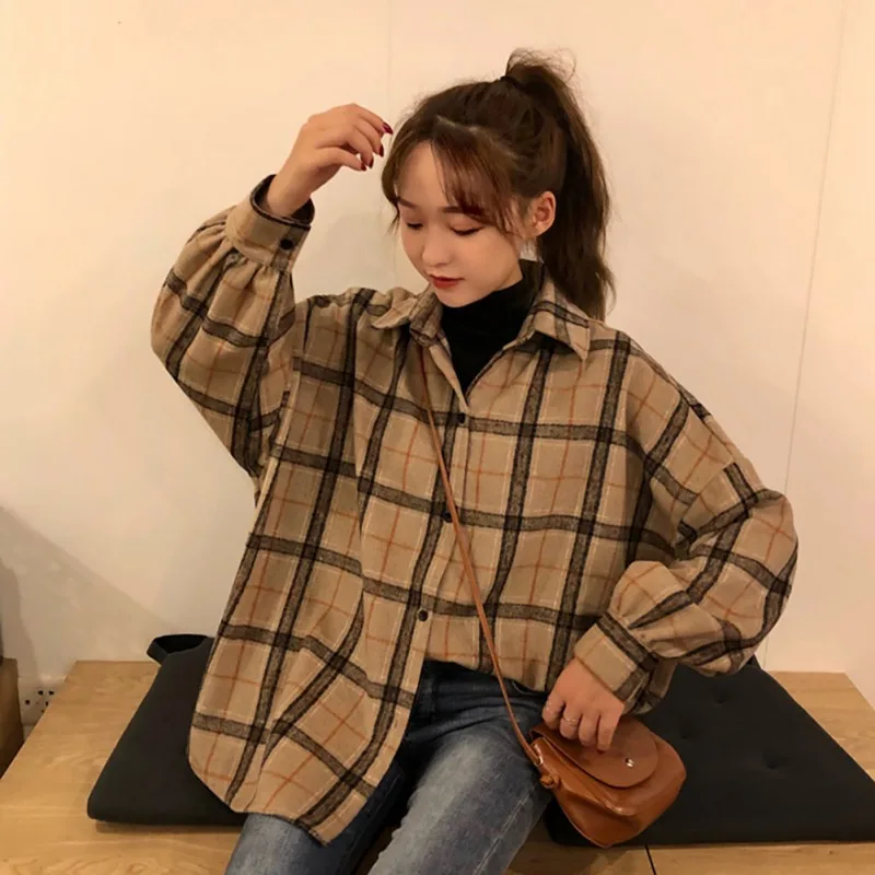 Женская однобортная рубашка в клетку блузка Корейском стиле с отложным