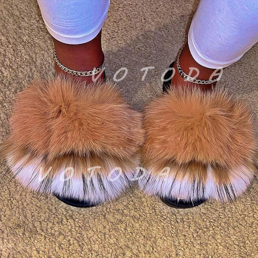 

New Summer Women Fur Slippers Woman Fluffy Fox Fur Raccoon Fur Slides Female Furry Outside Flip Flops Ladies Slip On Flat Shoes