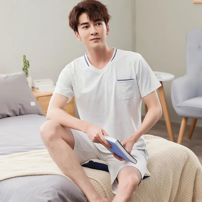 (Top + Pants) Men's short-sleeved pajamas suit casual fashion solid color round neck home clothes can be worn outside 2021