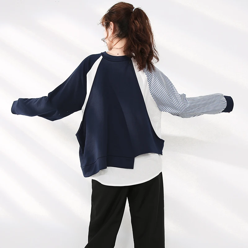 

Fit Contrast Loose Color Blue Sweatshirt New Round Neck Long Sleeve Women Big Size Fashion Tide Spring Autumn 2021 1Z9691