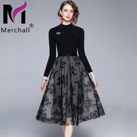 autumn fashion woman black knitted suits stand collar long sleeve knit top embroidery mesh midi skirt 2 piece sets suit m68283