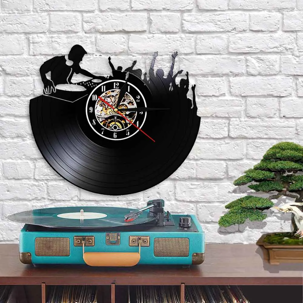 Ночной клуб музыкальный фестиваль DJ стенд сценический поворотный стол ночной клуб Настенный декор настенные часы диско Танцевальная вечеринка виниловая запись настенные часы
