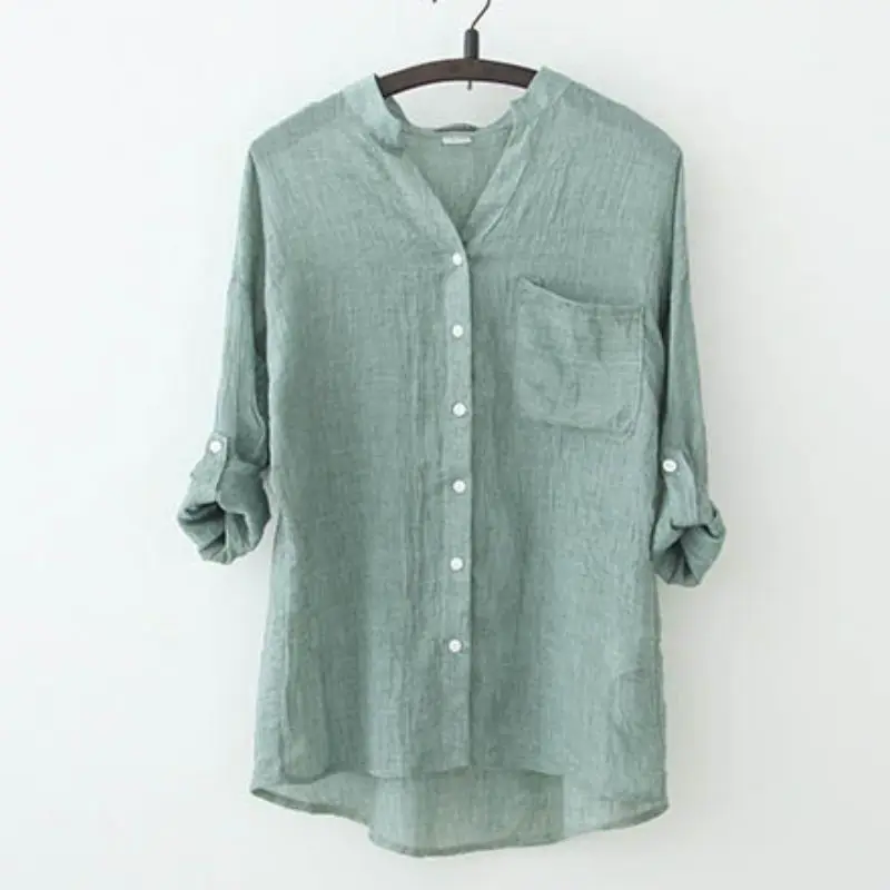 

Women Loose Shirt Fashion Cotton and Linen Blouses Three Quarters Sleeve Girls Pockets Tops Slim Shirts