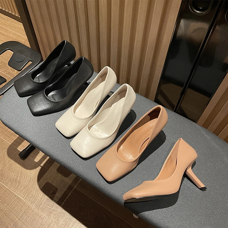 

Туфли-лодочки женские на высоком каблуке, квадратный носок, без застежки, Элегантная классическая обувь, офисные повседневные сланцы, черны...