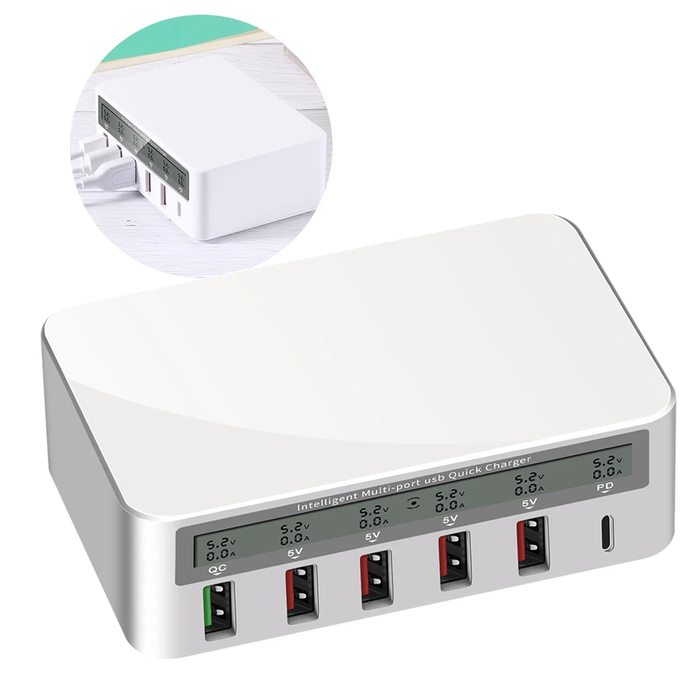 

Настольное зарядное устройство с 6 USB-портами и цифровым дисплеем, 40 Вт