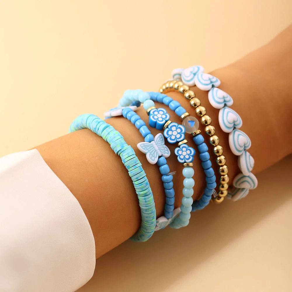 

Bohemian Butterfly Flower Heart Resin Acrylic Elasticity Adjustable Women Bracelets For Couple Bracelets Party Gift Jewelry Set