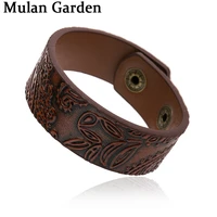 mg genuine leather bracelet for women retro carved flower vintage textured bangle buckle girl bracelets high quality wholesale