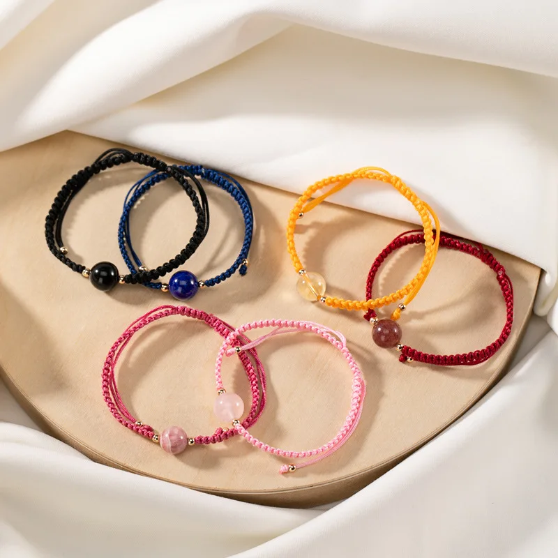 

S925 sterling silver personalized simple inlaid strawberry quartz crystal women's original woven push-pull bracelet wrist string