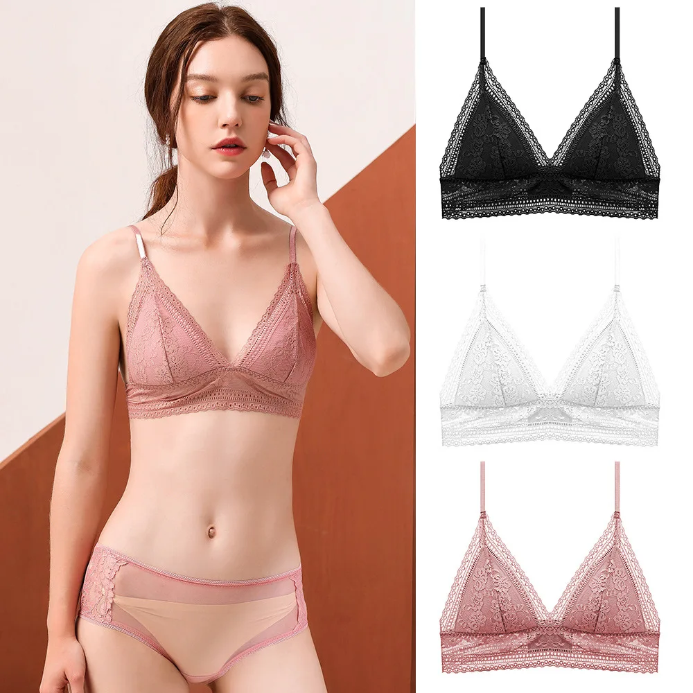 

Triangle Cup Underwear Women's Thin Big Chest Significantly Smaller Girl Sexy Lace Wireless Bra Summer