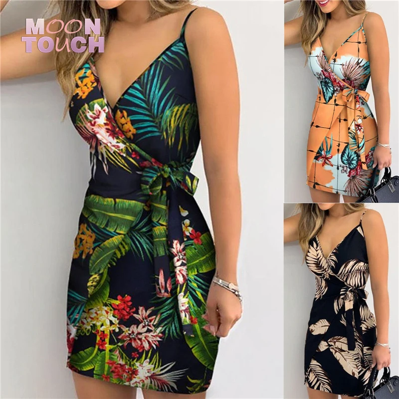 

Sleeveless Dress Black Women Summer V Neck Chiffon Print Dress Self-tie Knot Dress Female Sexy Short Harajuku Party Vestidos