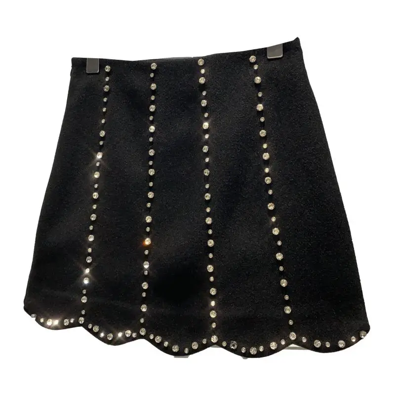 

2020 Winter Woolen Skirt New Large-particle Rhinestone Beaded Small Short A-line Skirt