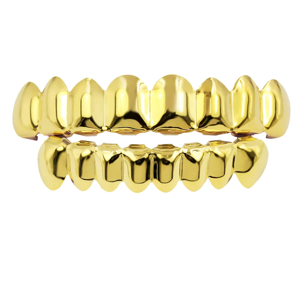 

18k Gold Plated Hip Hop Teeth Grils Top & Bottom 8 Grill Set Halloween