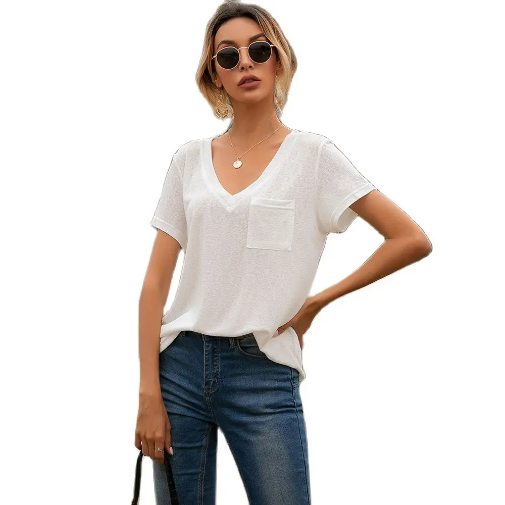 

Women New V-neck Short Sleeve T-shirt Top Summer Solid Color Casual Loose Pocket Tee Pullover Black Pink Fashion Streetwear