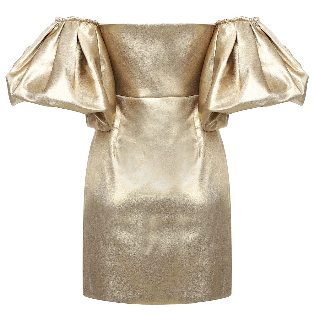

Elegant Satin Gold Women's Sexy Card Shoulder Stacked Lotus Leaf Sleeve Mini Club Rayon Bandage Nightclub Dress