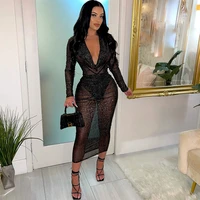 sexy mesh perspective night party dress for women clubwear birthday outfits long sleeve v neck bodycon midi dress robe femme