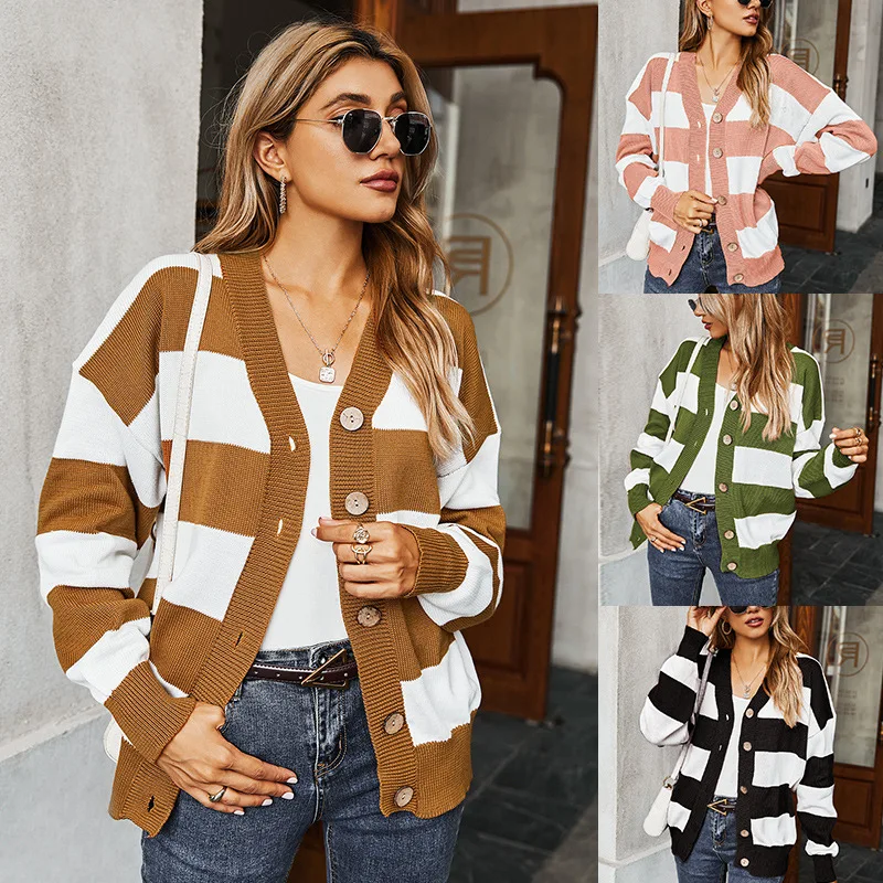 

Autumn New Vintage Stripe Ladies Knitted Cardigans Sweaters Women Long Sleeve V-neck Korean Office Fashion Slim Tops Cardigans