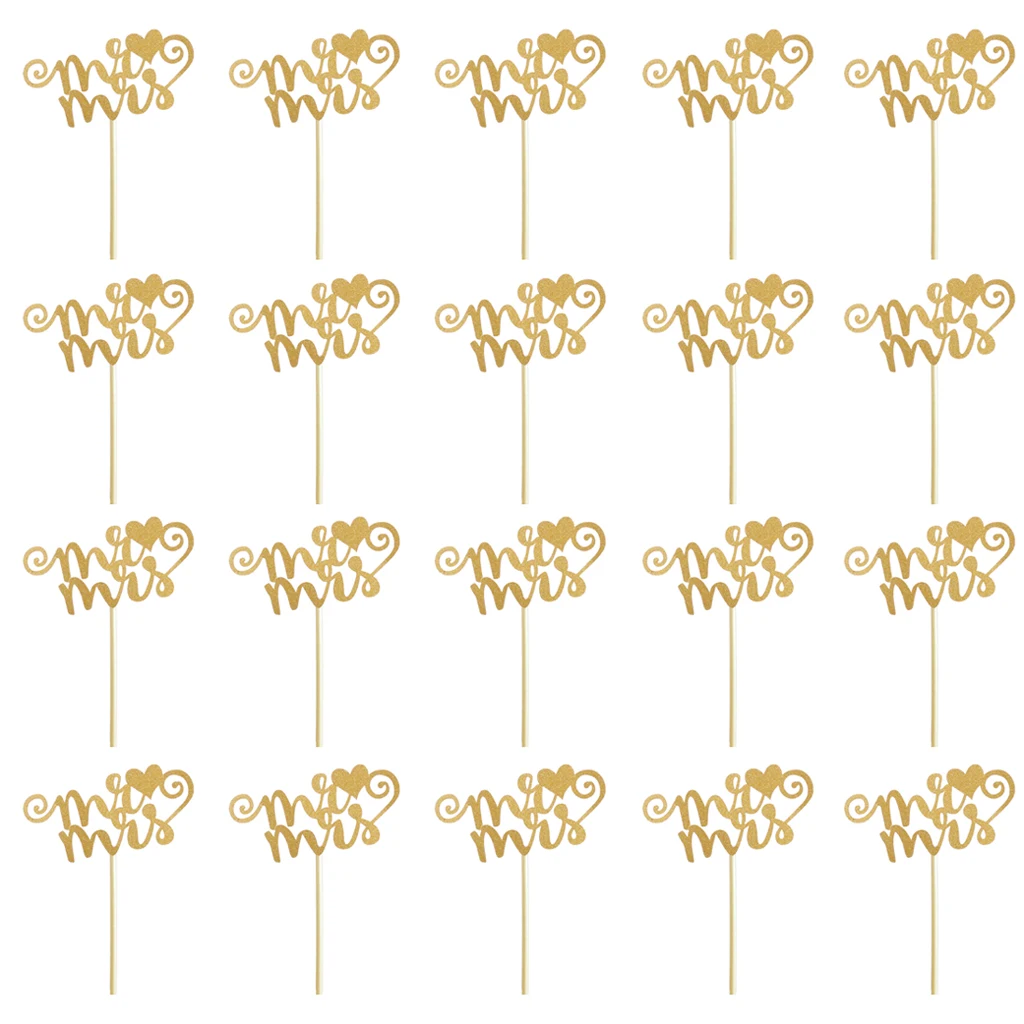20pcs/set Glitter Paper Wedding Mr &amp Mrs Heart Cake Cupcake Topper Pick Decor Gold/Silver | Дом и сад