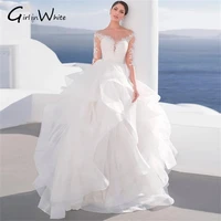 luxury scoop neck beading illusion back a line wedding dress 2021 ruched tulle long sleeve appliques boho wedding gown