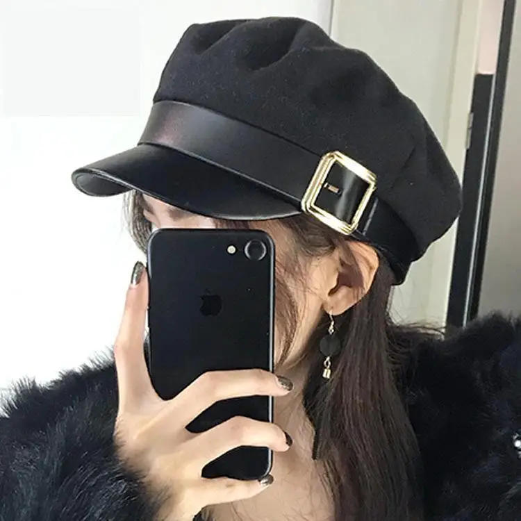 Military Hat Fashion PU Leather Spring Cotton Sailor Hat For Women Belt Buckle Black Grey Flat Top Beret Newsboy Cap Captain Cap