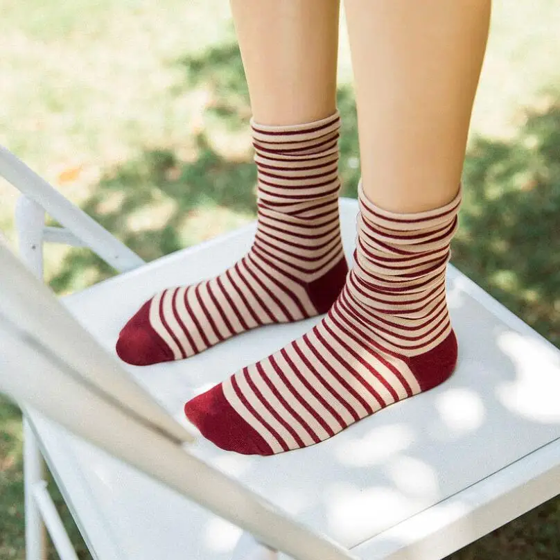 Women Solid Stripes Cotton Socks Slim Striped Crew Socks Spring Autumn Winter Socks Girls Ankle Socks Knee High Sock 6 pairs/lot