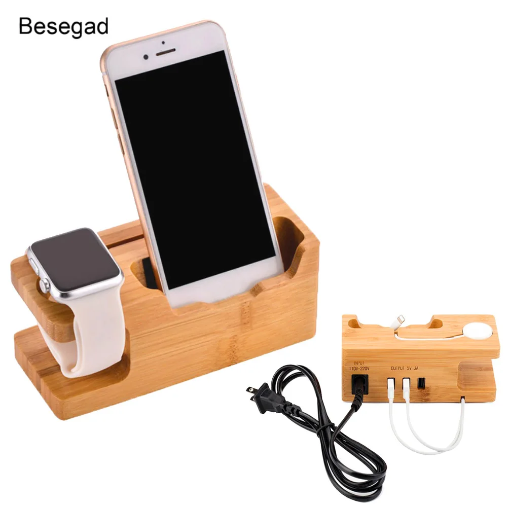 Besegad 3 порта бамбуковое USB зарядное устройство зарядная станция Подставка