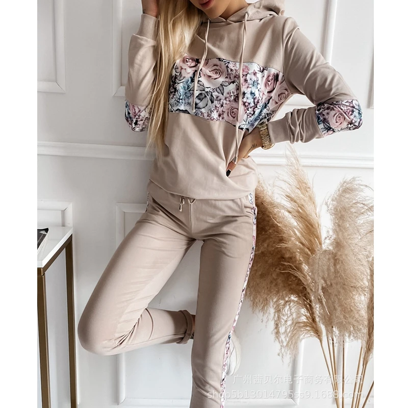 

Mandylandy Fur Caps Hoodies Women Sets Autumn Printed Stitching Suit Trousers Sweatshirts 2 Piece Sets Outfits Casual Pants Sets