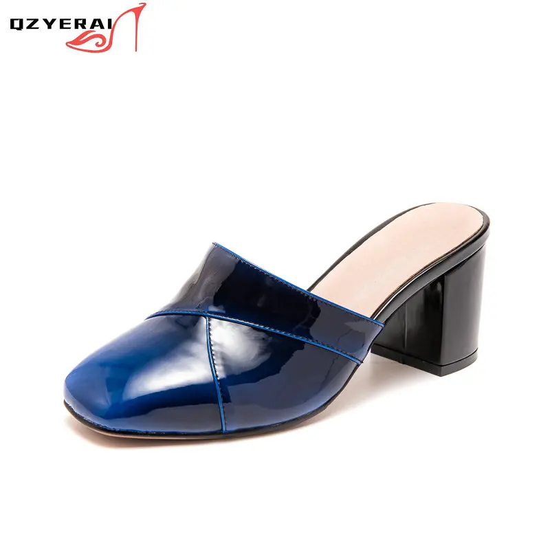 

2021 New Style Genuine Leather Women's Slippers Summer Europe United States Fashion Sandals 100%cowhide Blue Shoes High Heels