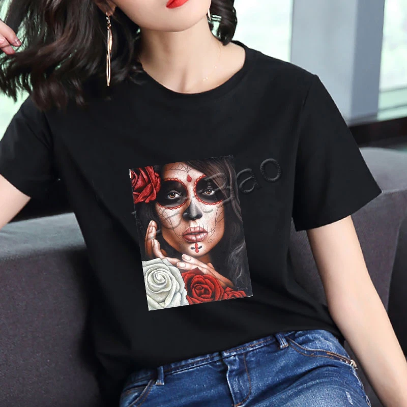 Белоснежка рубашка уличная цветок череп Леди Черная футболка хлопок o образным