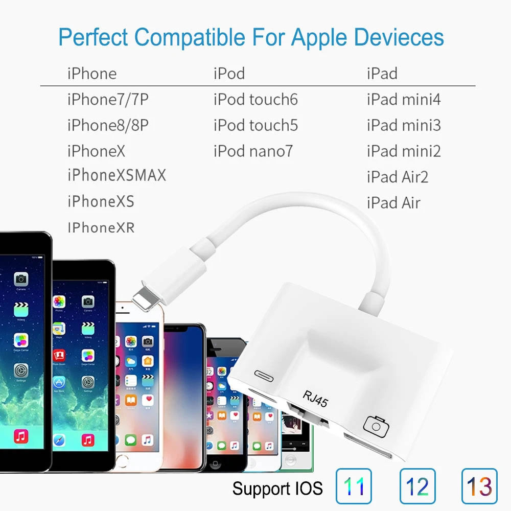 Адаптер для Lightning-RJ45 Ethernet LAN Проводная сеть iPhone/iPad все серии с зарядкой и usb-портом