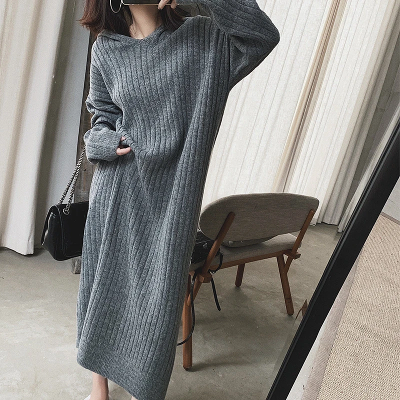 

Women's 2020 Autumn And Winter Solid Color Pullover Sweater Dress Hooded Thick Skirt Long Sleeves Warm Over The Knee Knitted