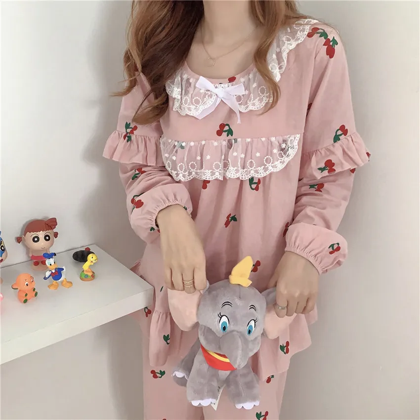 

ChunShang Chic Women Sweet Pajamas Suits Long Sleeves 2021 New Strawberries Ruffles Fashion Sleepwear Loose Fresh Long Pants