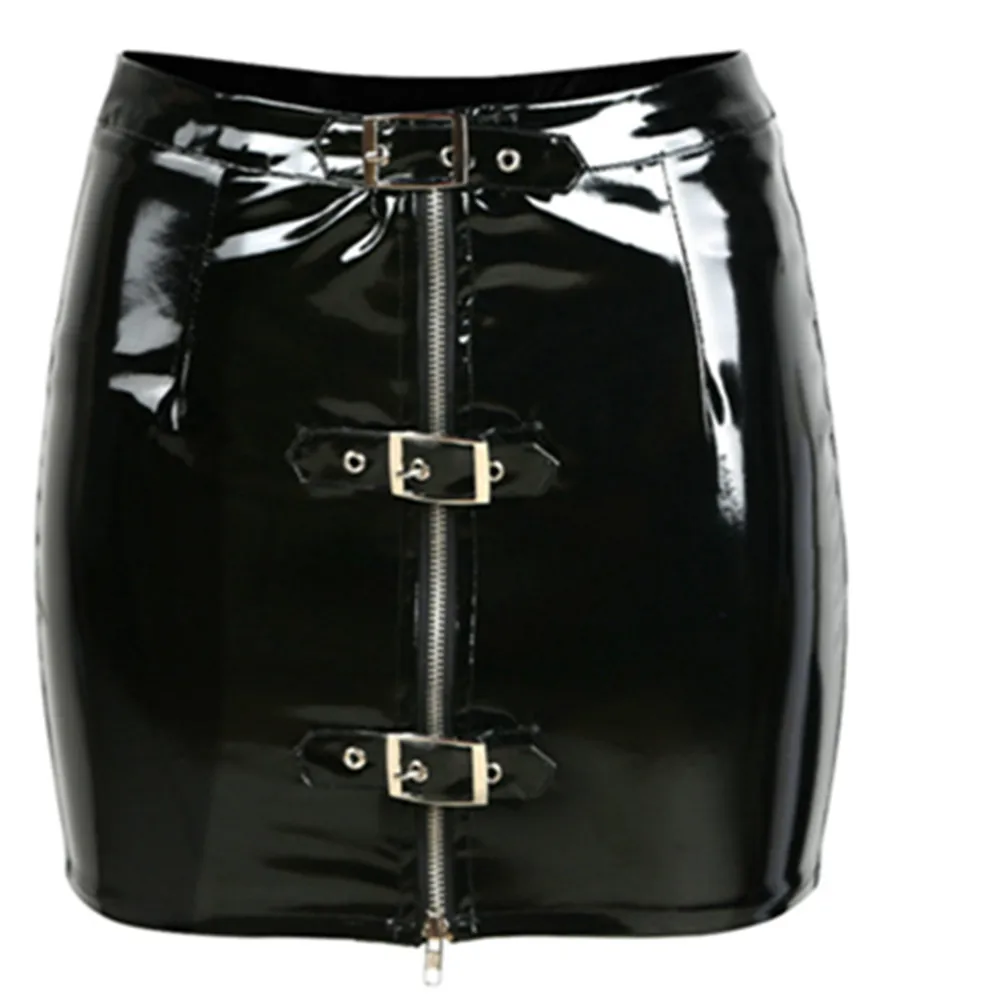 Skirt Vinyl Zipper Adjustable Button Shiny Clubwear Bodycon Mini Skirt