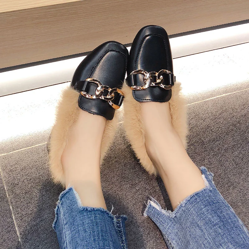 

Metal Chains Leather Flats Winter Loafers Women Shoes Winter Warm Mules Celebrity Fur Flat Creepers Soft Heel Moccasins Mujer