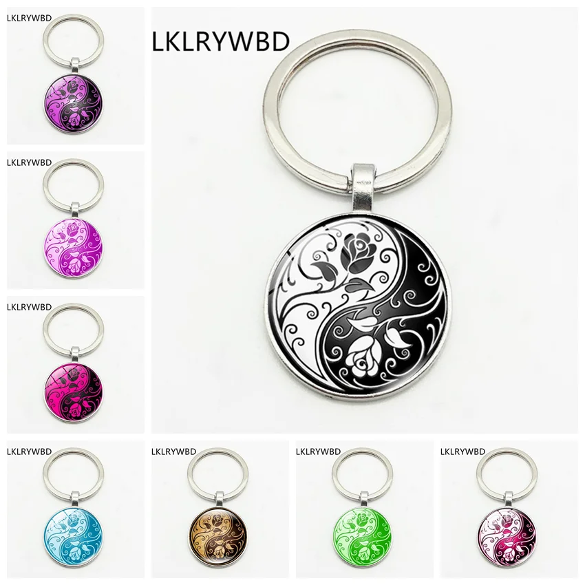 

LKLRYWBD / Rose Yin Yang Tai Chi Gossip Fashion Keychain Key Ring Jewelry Pendant Convex Glass Keychain