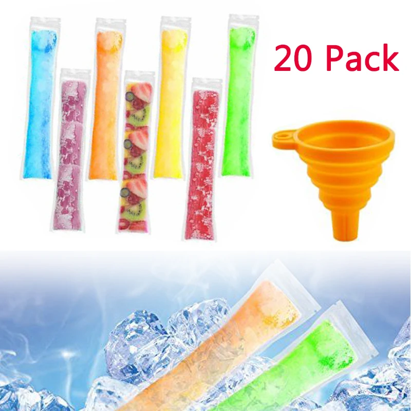 

20 Disposable Ice Popsicle Mold Bags Bpa Free Freezer Tubes with Zip Seals for Healthy Juice Ice Candy Pops Comes with A Funnel