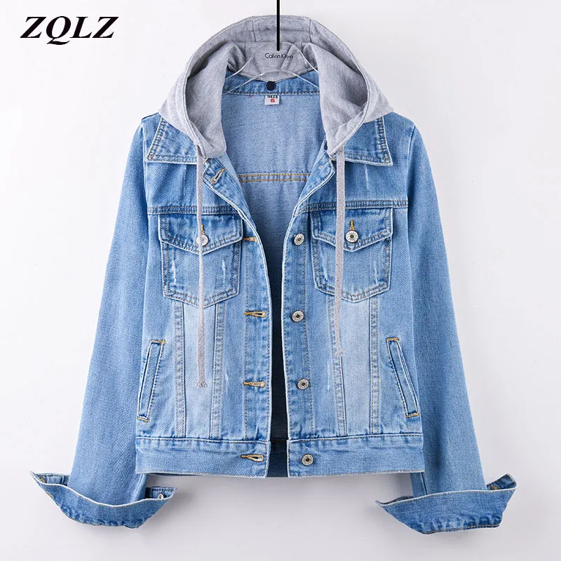 Женская джинсовая куртка ZQLZ осенняя Повседневная Верхняя одежда с капюшоном и