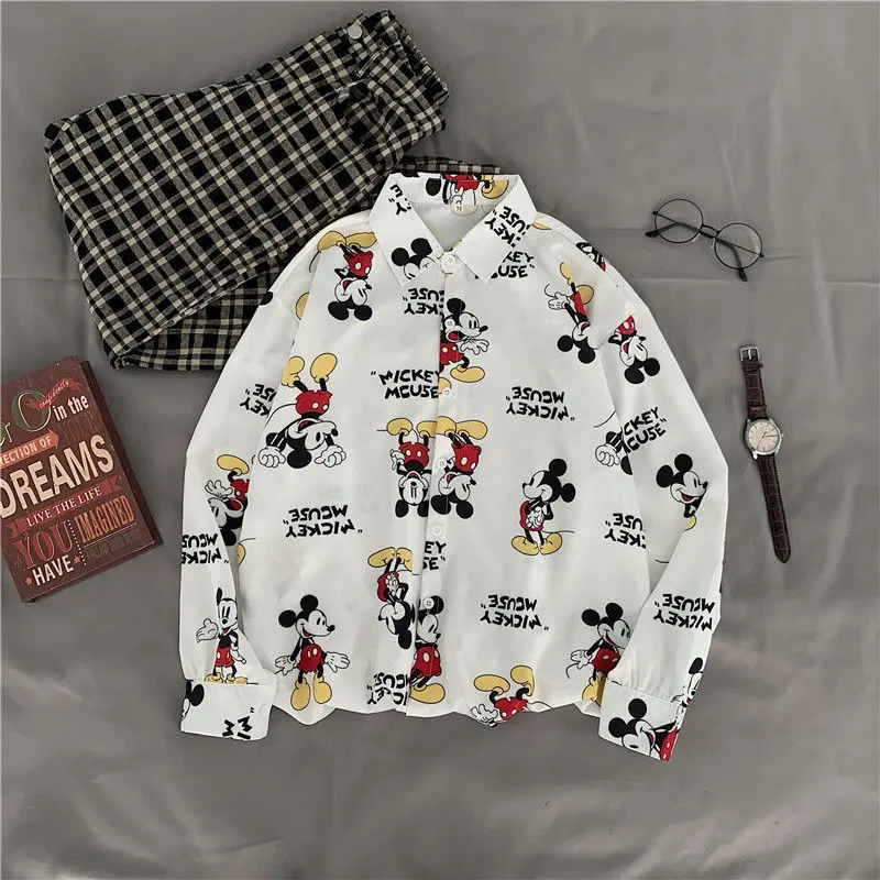 Женская свободная рубашка с длинным рукавом и принтом Микки Мауса | одежда