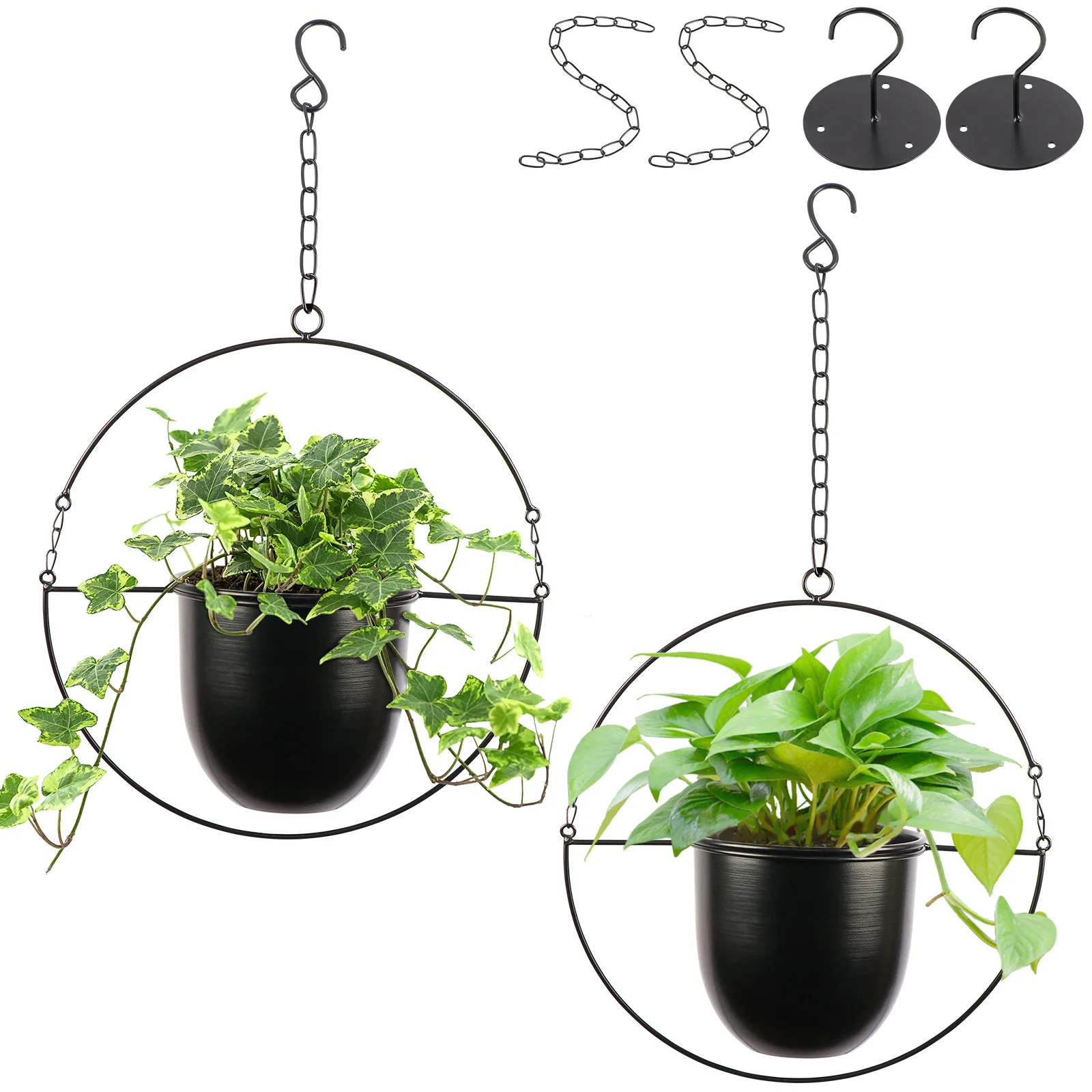 

Black Metal Hanging Planters for Indoor Outdoor with 6" Metal Pots and Hooks Modern Minimalist Planters for Boho Home Decor